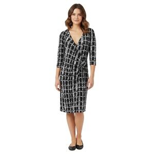 AA Studio Wrap Dress Black Geometric 3/4‎ Sleeve Chic Womens Work Style Size 10